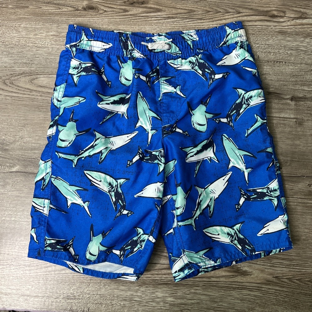 Old Navy Shark Print Swim Trunks Boys Medium Blue Elastic Waist Beach 7"
